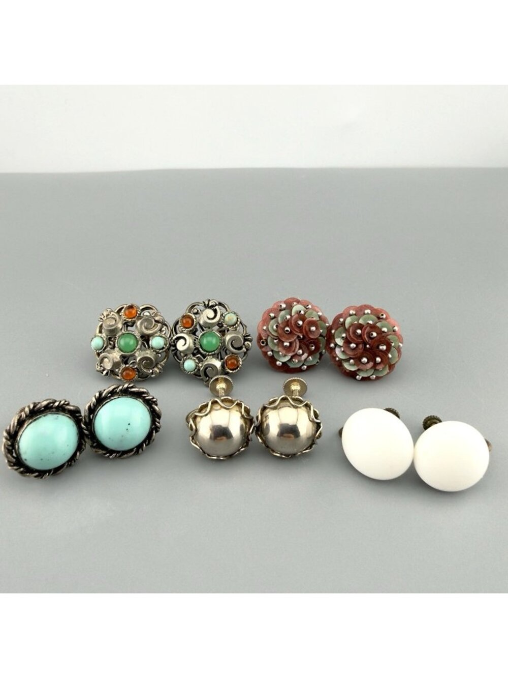 Vintage Screw Back Earrings Lot Silver Tone Blue White Button Variety Set of 5